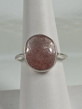 Solid Sterling Silver 925 Strawberry Quartz Gemstone Flat Stacker Ring Size 9